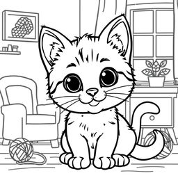 Line art of a cute playful kitten designed for coloring, with a thematic background suitable for children