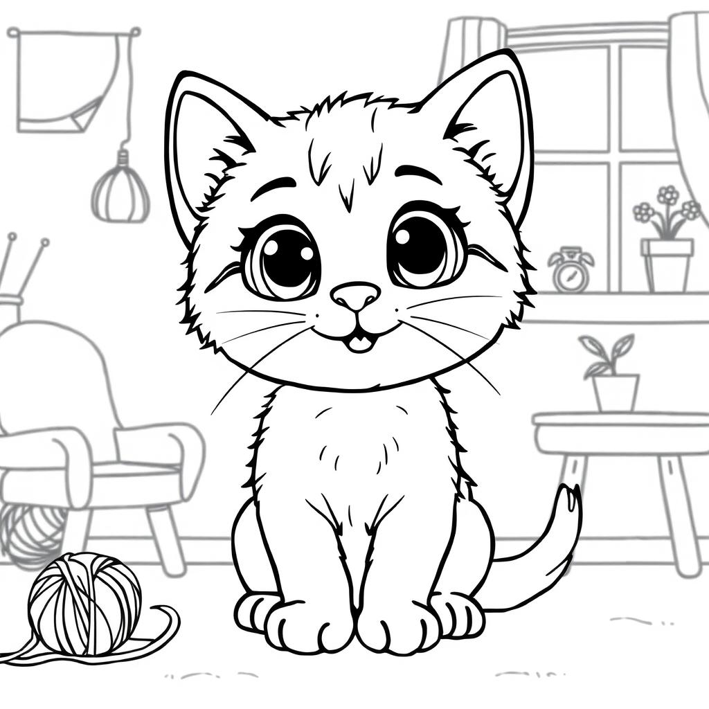 Line art of a cute playful kitten designed for coloring, with a thematic background suitable for children