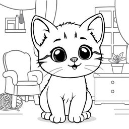 Line art of a cute playful kitten designed for coloring, with a thematic background suitable for children