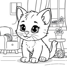 Line art of a cute playful kitten designed for coloring, with a thematic background suitable for children