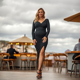 A 40-year-old curvy, blonde woman standing confidently in a beach bar in St Ives