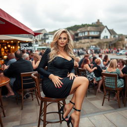 A 40-year-old curvy, blonde woman is sitting sexily in a bustling beach bar in St Ives