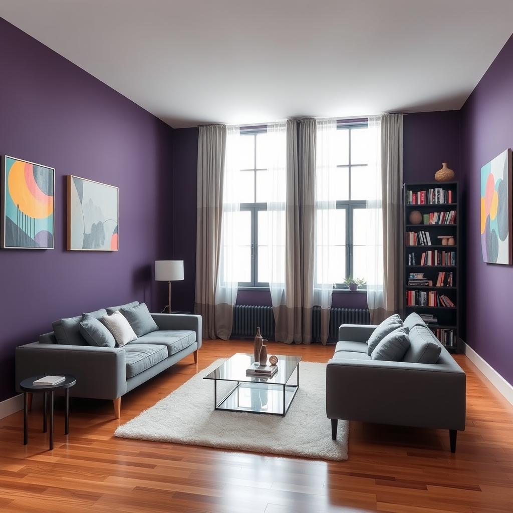 A modern living room with dark purple walls, featuring sleek and contemporary furniture