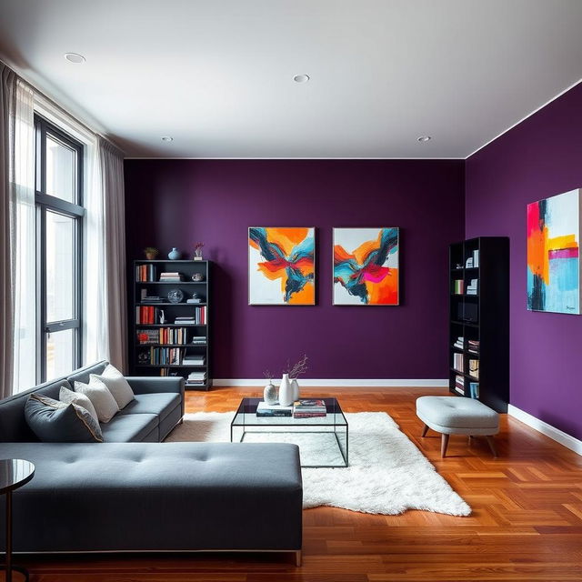 A modern living room with dark purple walls, featuring sleek and contemporary furniture