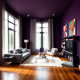 A modern living room with dark purple walls, featuring sleek and contemporary furniture