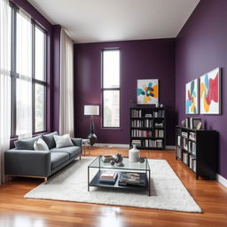 A modern living room with dark purple walls, featuring sleek and contemporary furniture