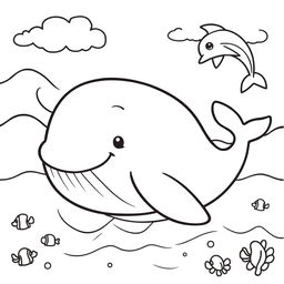 Line art of a large, friendly whale designed for coloring, with a thematic background suitable for children