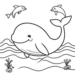 Line art of a large, friendly whale designed for coloring, with a thematic background suitable for children