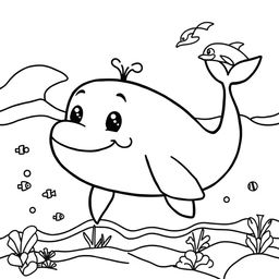 Line art of a large, friendly whale designed for coloring, with a thematic background suitable for children