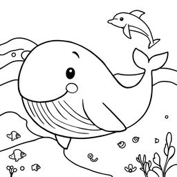 Line art of a large, friendly whale designed for coloring, with a thematic background suitable for children