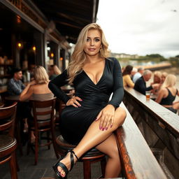 A confident and curvy 40-year-old blonde woman is sitting sexily in a busy beach bar, exuding charm and poise