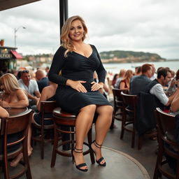 A confident and curvy 40-year-old blonde woman is sitting sexily in a busy beach bar, exuding charm and poise