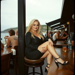 A curvy blonde woman, around 40 years old, sitting sexily in a busy beach bar in St Ives