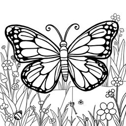 Line art of a beautiful butterfly designed for coloring, with a thematic garden background suitable for children