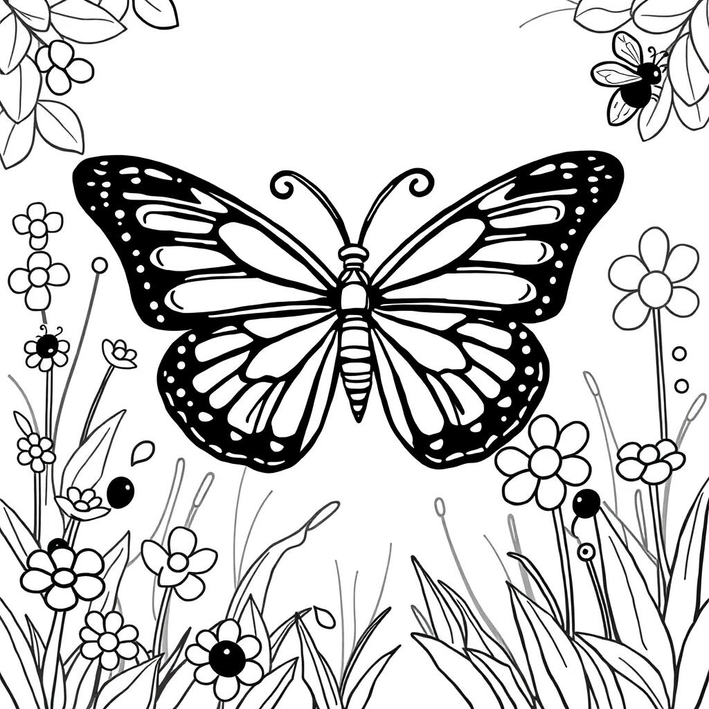 Line art of a beautiful butterfly designed for coloring, with a thematic garden background suitable for children