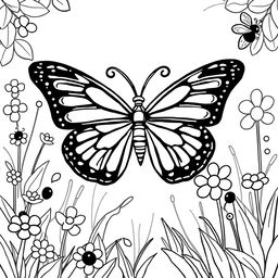 Line art of a beautiful butterfly designed for coloring, with a thematic garden background suitable for children