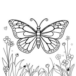 Line art of a beautiful butterfly designed for coloring, with a thematic garden background suitable for children