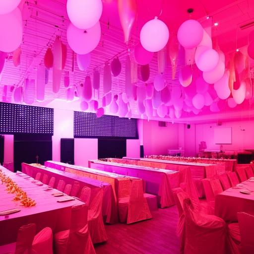 A festive party hall adorned with bright lights, colorful balloons, long banquet tables covered with table cloths, festive decorations, and a vibrant dance floor.