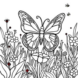 Line art of a beautiful butterfly designed for coloring, with a thematic garden background suitable for children