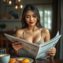 A 23-year-old Indonesian woman with a beautiful face and ideal body, featuring plump breasts and striking red lips