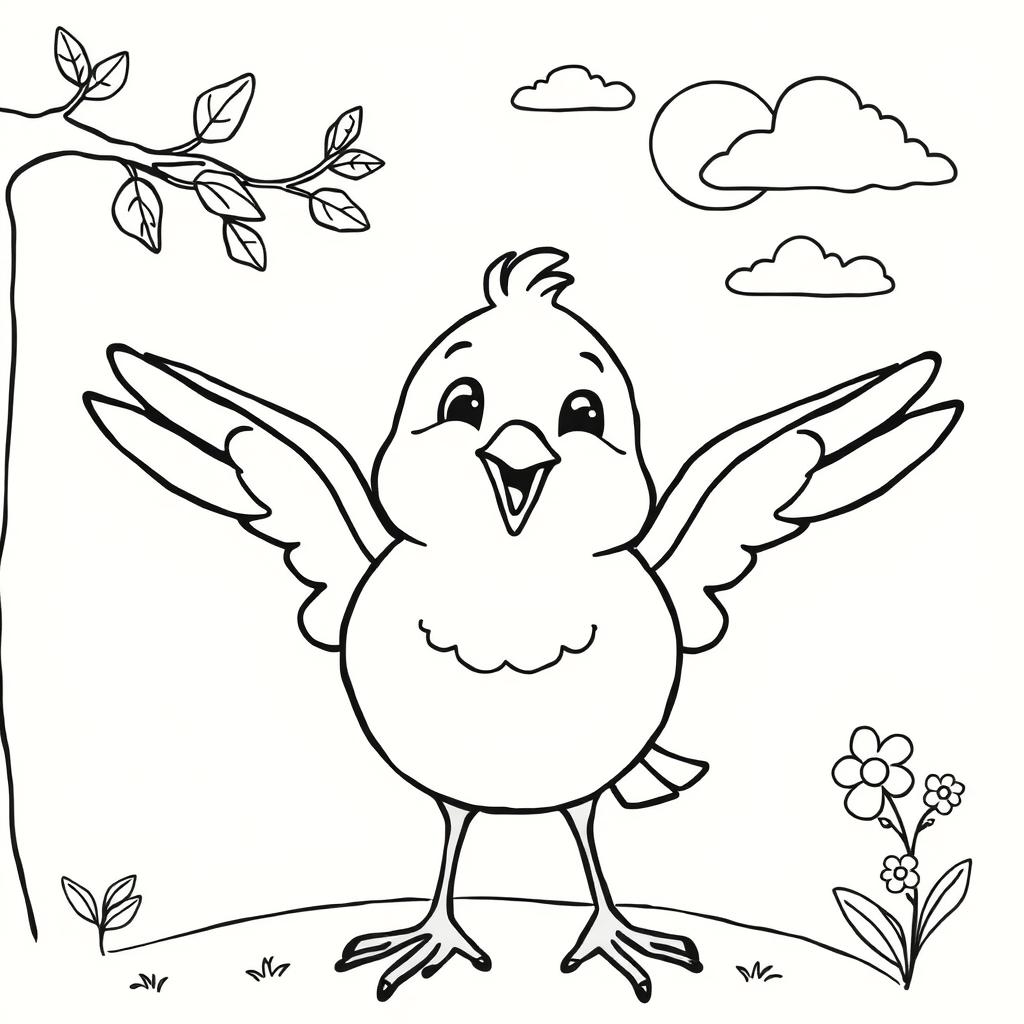 Line art of a cheerful bird designed for coloring, with a thematic nature background suitable for children