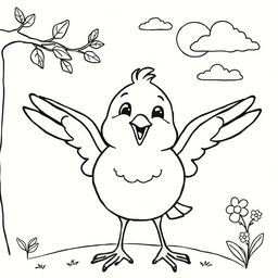 Line art of a cheerful bird designed for coloring, with a thematic nature background suitable for children