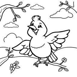 Line art of a cheerful bird designed for coloring, with a thematic nature background suitable for children