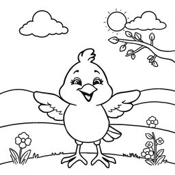 Line art of a cheerful bird designed for coloring, with a thematic nature background suitable for children