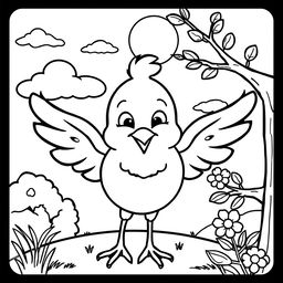 Line art of a cheerful bird designed for coloring, with a thematic nature background suitable for children