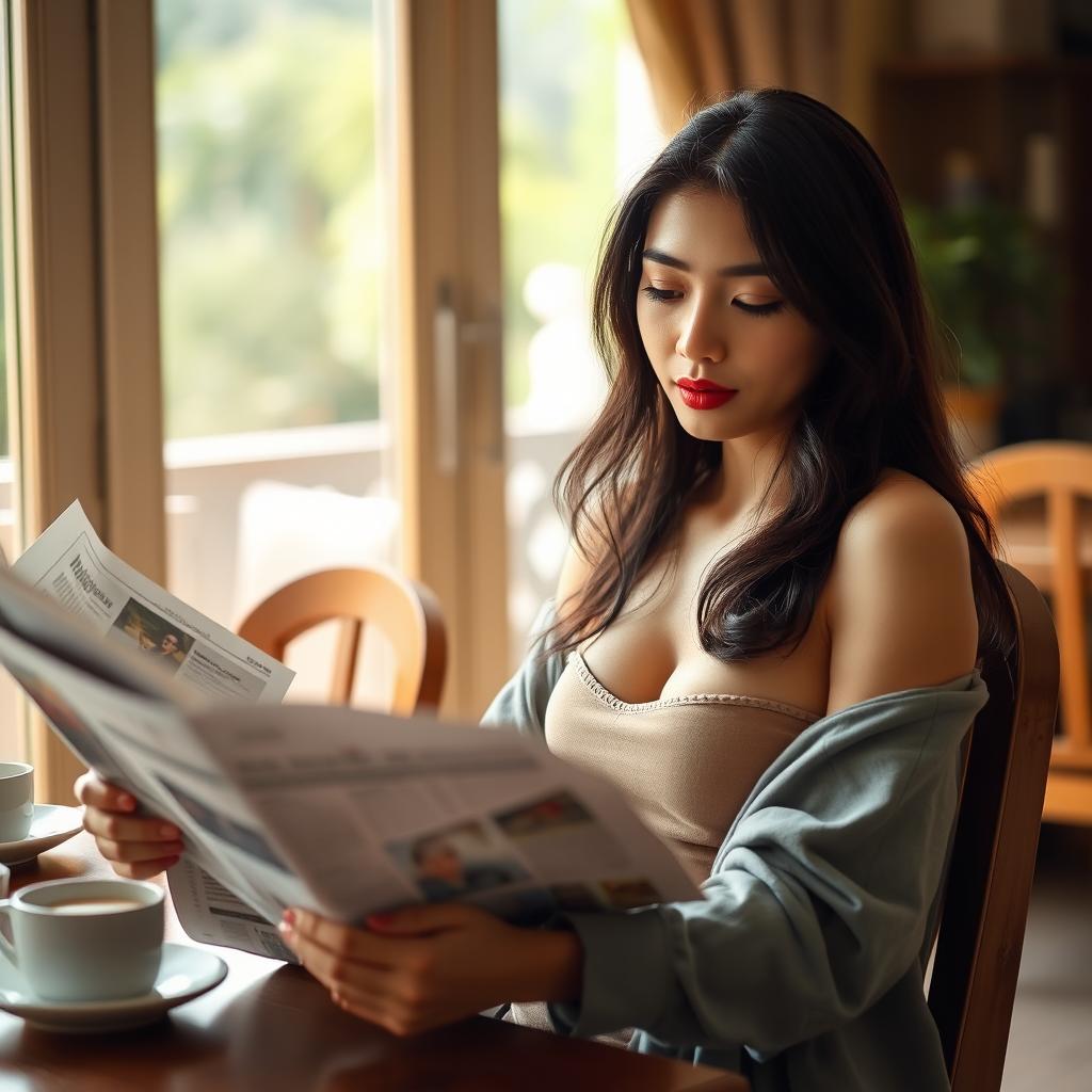 A beautiful 23-year-old Indonesian woman with an ideal body and plump breasts, having red lips, is dressed in casual clothes at home