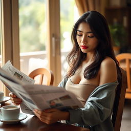 A beautiful 23-year-old Indonesian woman with an ideal body and plump breasts, having red lips, is dressed in casual clothes at home