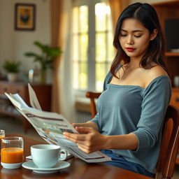 A beautiful 23-year-old Indonesian woman with an ideal body and plump breasts, having red lips, is dressed in casual clothes at home