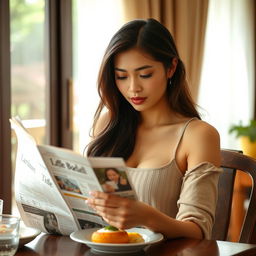 A beautiful 23-year-old Indonesian woman with an ideal body and plump breasts, having red lips, is dressed in casual clothes at home