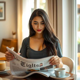 A beautiful 23-year-old Indonesian woman with an ideal body and plump breasts, having red lips, is dressed in casual clothes at home