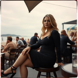 A curvy blonde woman, around 40 years old, sitting sexily in a busy beach bar in St Ives