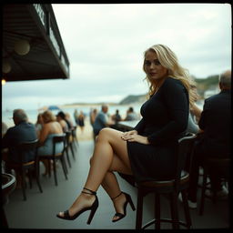 A curvy blonde woman, around 40 years old, sitting sexily in a busy beach bar in St Ives