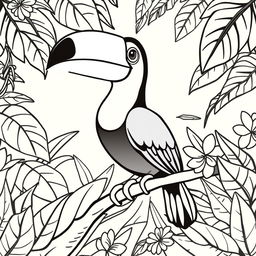 Line art of a vibrant toucan designed for coloring, with a thematic tropical jungle background suitable for children