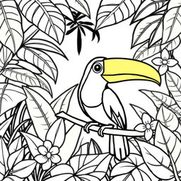 Line art of a vibrant toucan designed for coloring, with a thematic tropical jungle background suitable for children