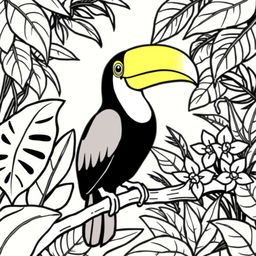 Line art of a vibrant toucan designed for coloring, with a thematic tropical jungle background suitable for children