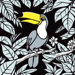 Line art of a vibrant toucan designed for coloring, with a thematic tropical jungle background suitable for children