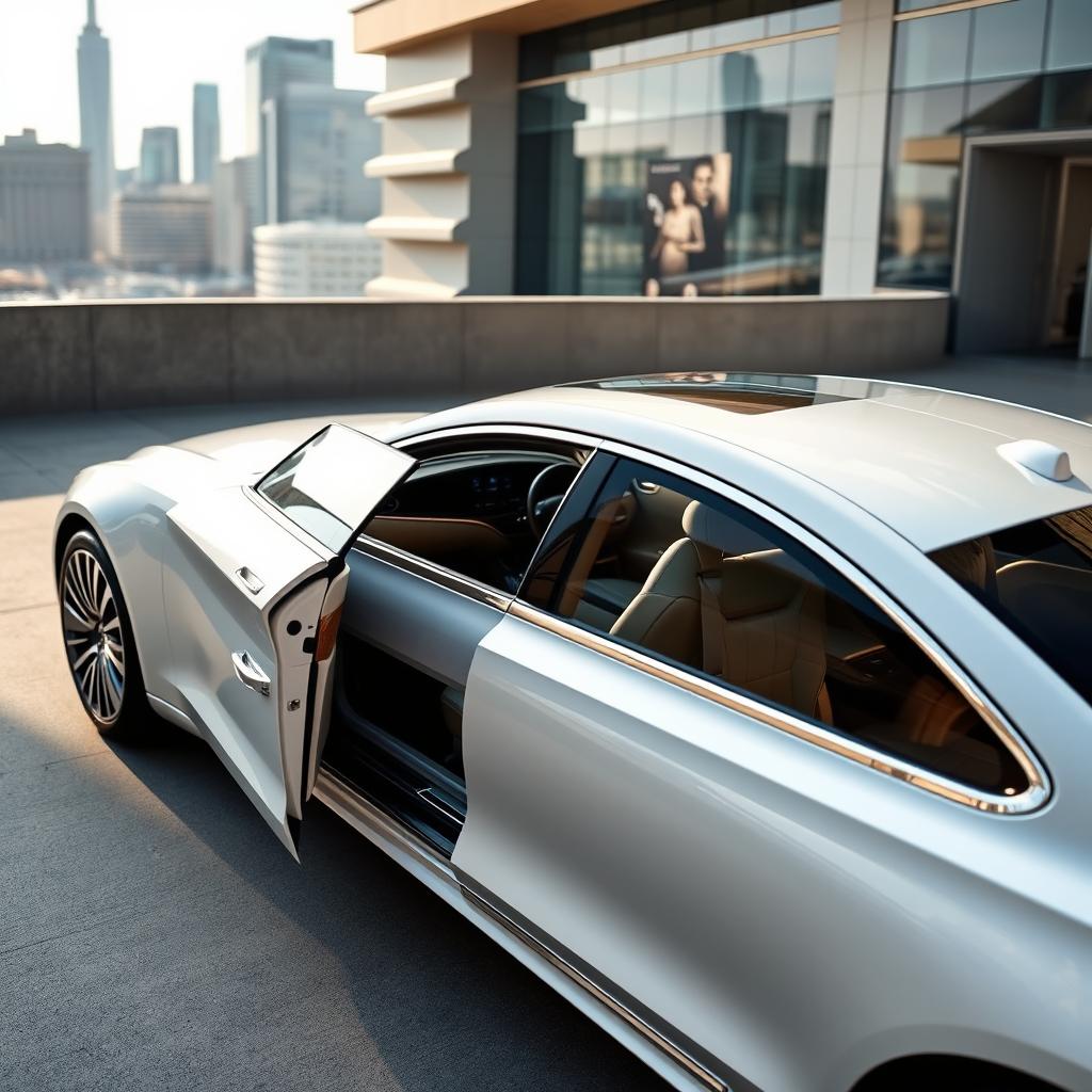 An elegant, luxurious sedan featuring innovative sliding doors, finished in a sleek pearl white color