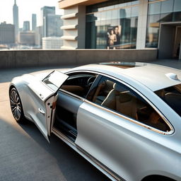 An elegant, luxurious sedan featuring innovative sliding doors, finished in a sleek pearl white color