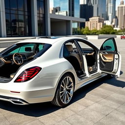 An elegant, luxurious sedan featuring innovative sliding doors, finished in a sleek pearl white color