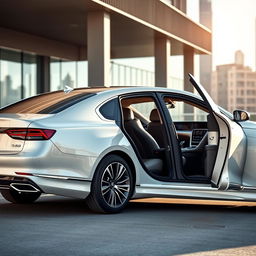 An elegant, luxurious sedan featuring innovative sliding doors, finished in a sleek pearl white color