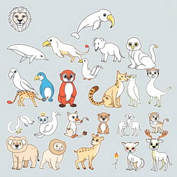 A compilation of 20 different animals ready for coloring, arranged in a fun and creative layout