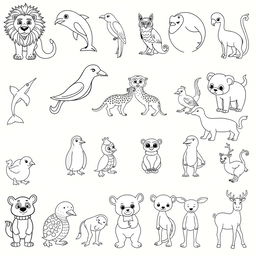 A compilation of 20 different animals ready for coloring, arranged in a fun and creative layout