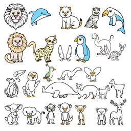 A compilation of 20 different animals ready for coloring, arranged in a fun and creative layout