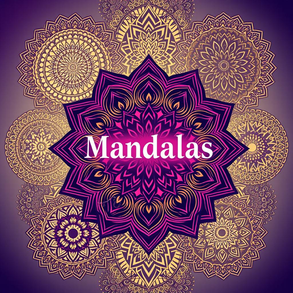 Intricate and captivating mandala designs filling the whole cover, each mandala showcasing unique geometric patterns and vibrant colors