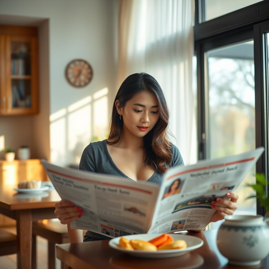 A beautiful 23-year-old Indonesian woman with an ideal body and plump breasts, having red lips, is dressed in casual clothes at home