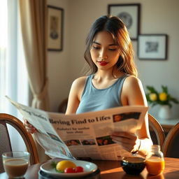 A beautiful 23-year-old Indonesian woman with an ideal body and plump breasts, having red lips, is dressed in casual clothes at home